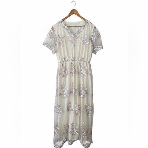 Cottagecore Sheer Floral Embroidered Garden Party Maxi Dress Women’s Large